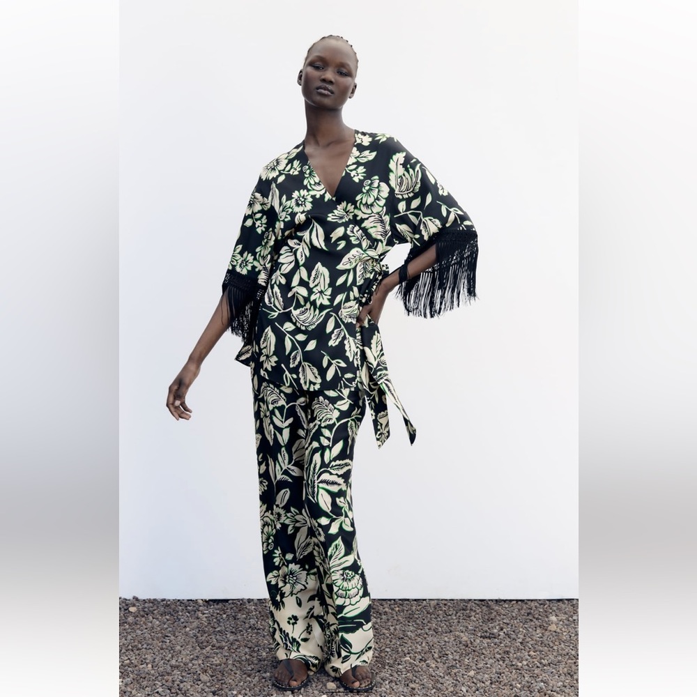 2 PIECE SET ZARA FRINGE SILK TOP AND PANTS SZ XS Holiday